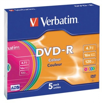 DVD-R lemez, színes felület, AZO, 4,7GB, 16x, 5 db, vékony tok, VERBATIM